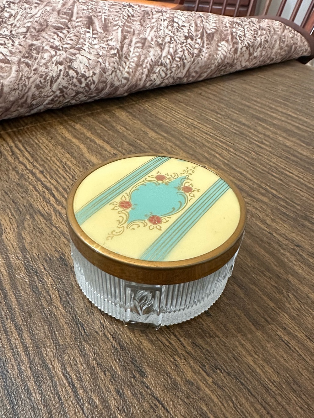 Glass Trinket Box with Cream and Aqua Enamel Lid